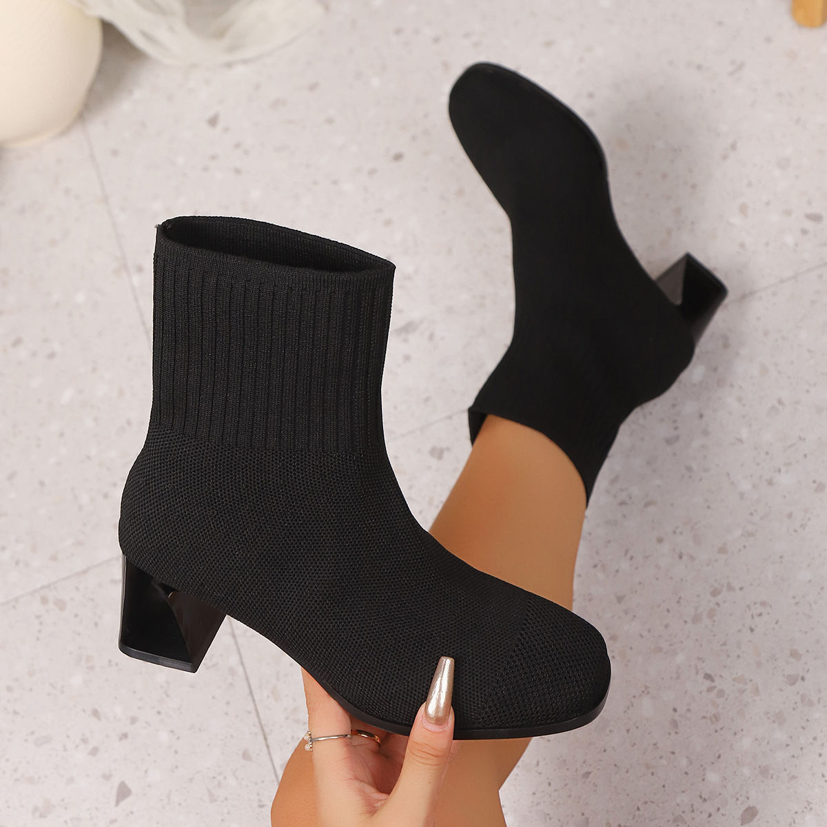Knitted chunky heel mid-calf sock boots
