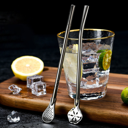 Stainless steel milk tea stirring filter extended straw spoon