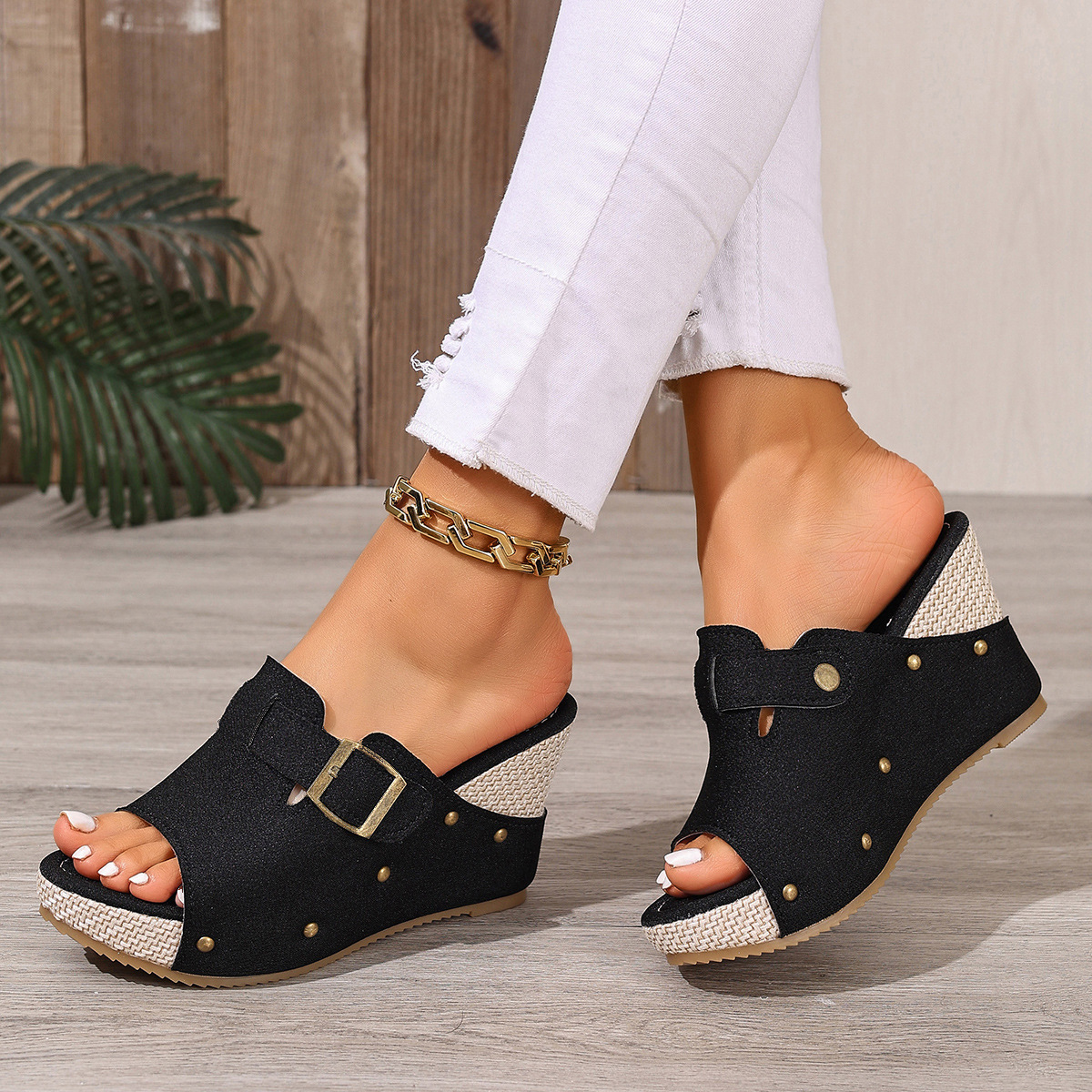 Wedge heel studded women's shoes