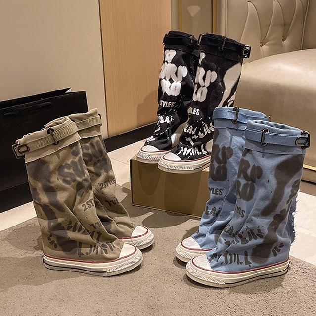 Graffiti High-Top Canvas Slouch Boots