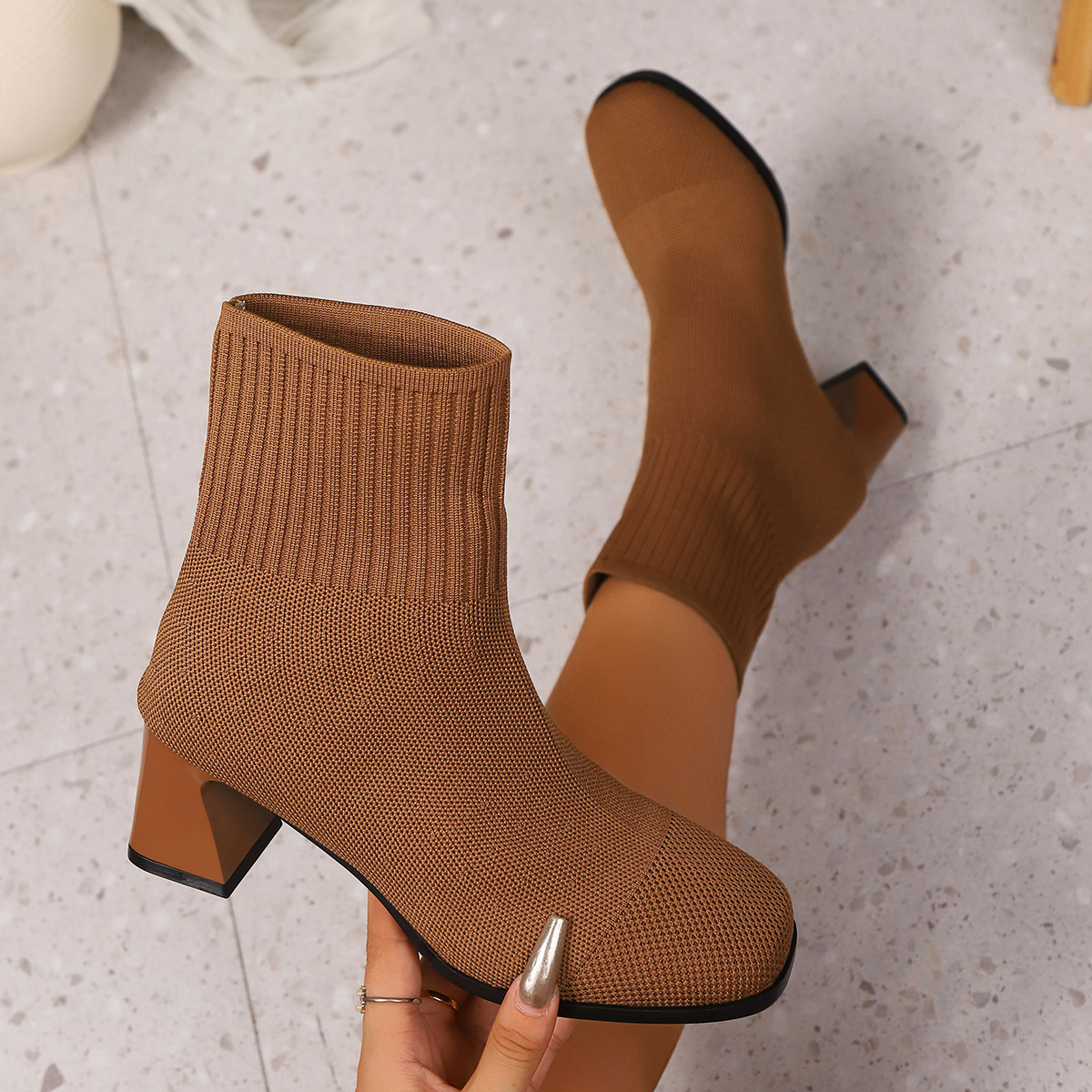 Knitted chunky heel mid-calf sock boots