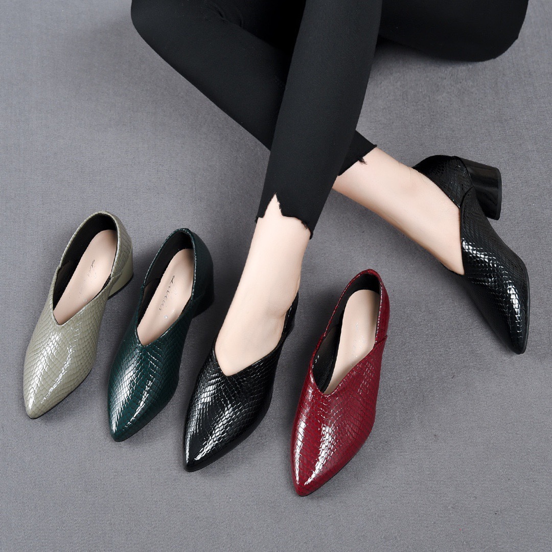 Pointed-toe, low-cut genuine leather soft-soled women's shoes