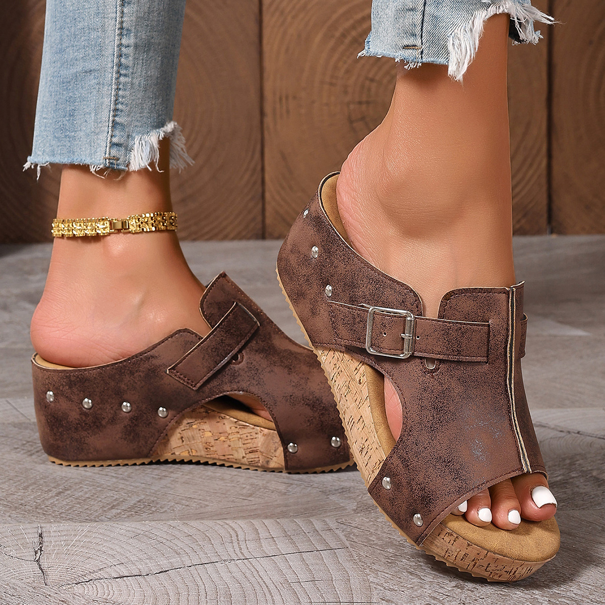 Women's buckle open-toe wedge sandals