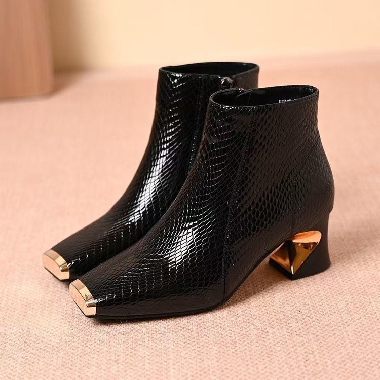 Soft Leather Square Toe Chunky Heel Ankle Boots