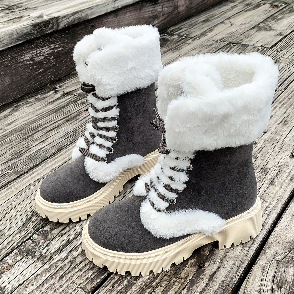 Women's Mid-Calf Snow Boots with Thick Sole and Turn-Up Cuff