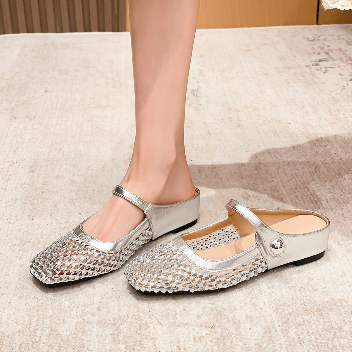 Square-toe openwork woven flat women's shoes