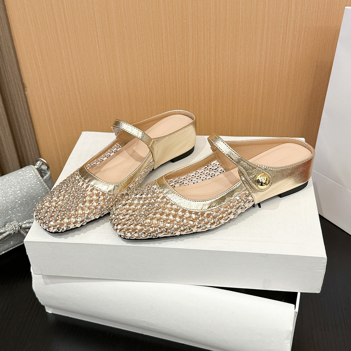 Square-toe openwork woven flat women's shoes