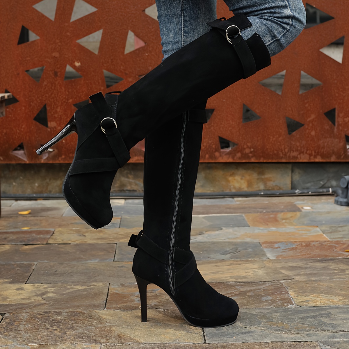 Women's High-heeled Suede Knee-high Boots with Buckle Detail.