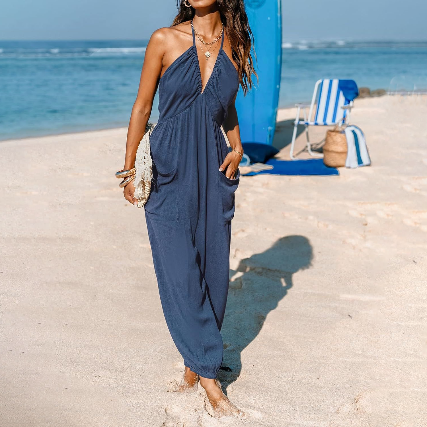 Casual Halter Neck Pocketed Beach Jumpsuit