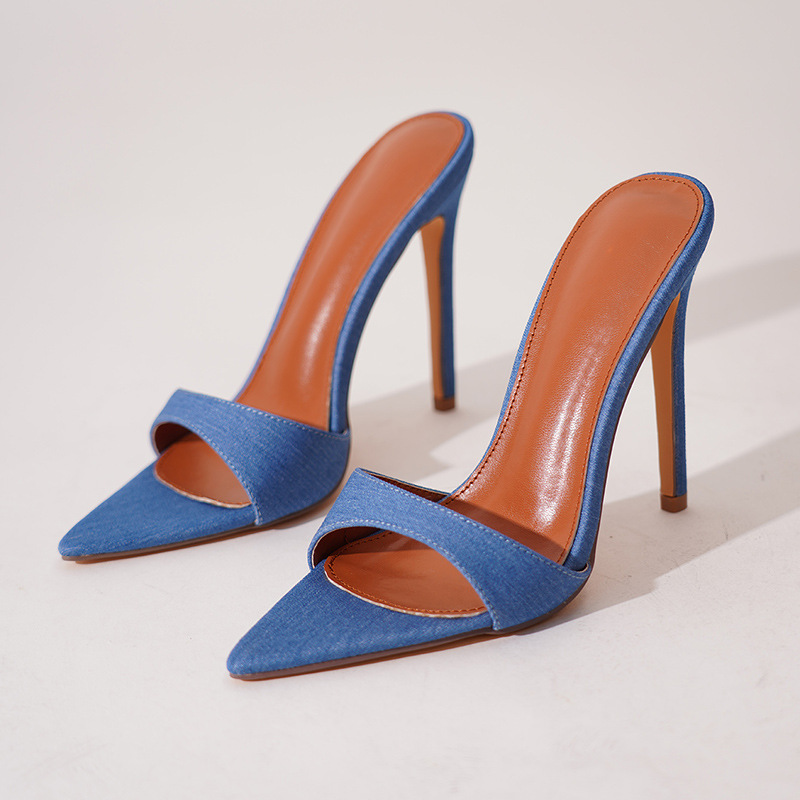 Pointed Toe Denim Stiletto Slip On Mule Heels