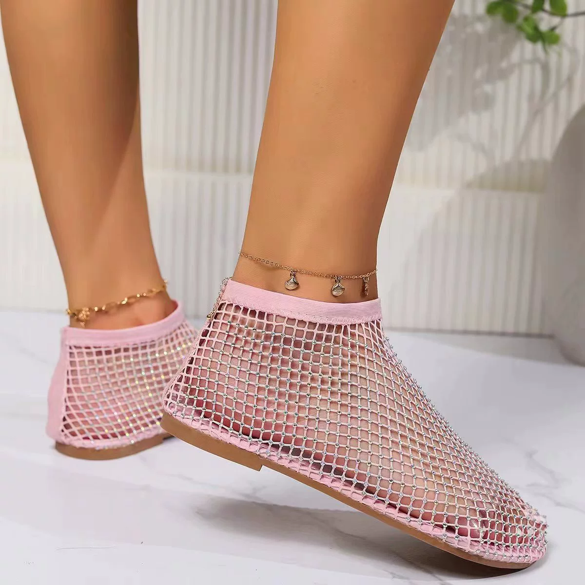 Rhinestone Mesh Flat Ankle Boots for Women