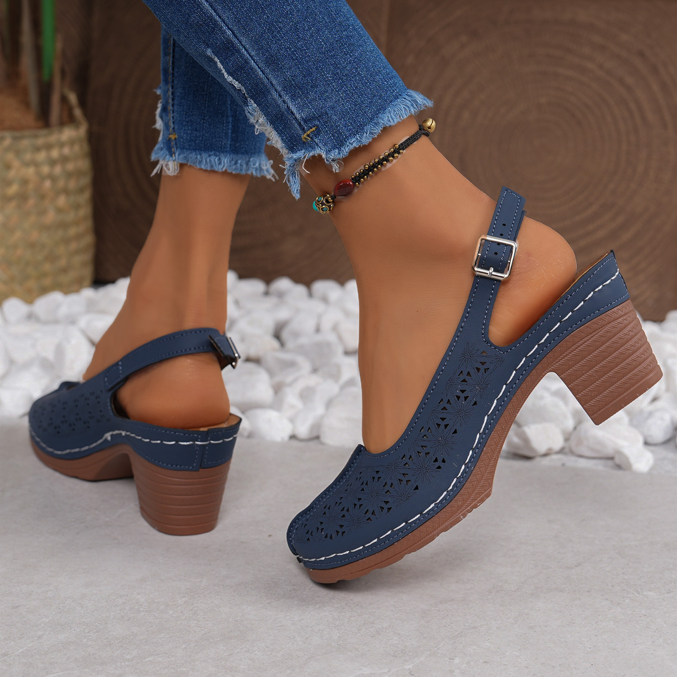 Women's Cutout Slingback Block Heel Shoes
