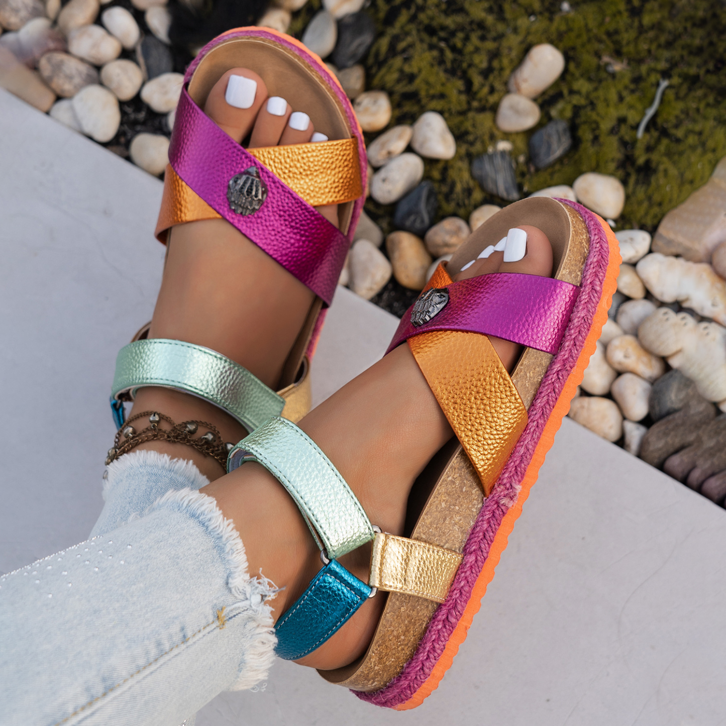 Iridescent Mixed Color Ankle Wrap Platform Sandals
