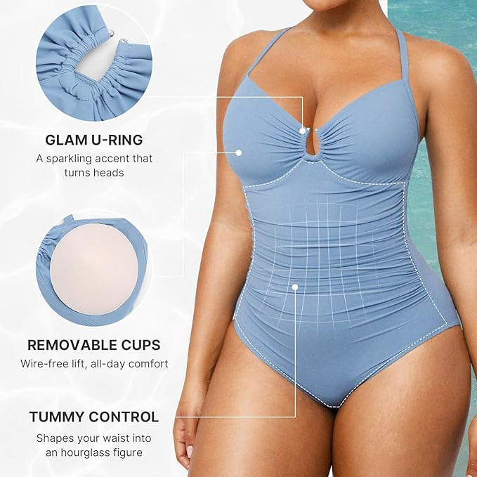 Women  Tummy  U-Ring Cut Out Shaping Swimsuit