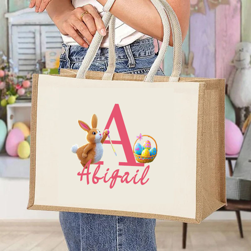 Personalised Cute Easter Bunny Large Jute Tote Bag