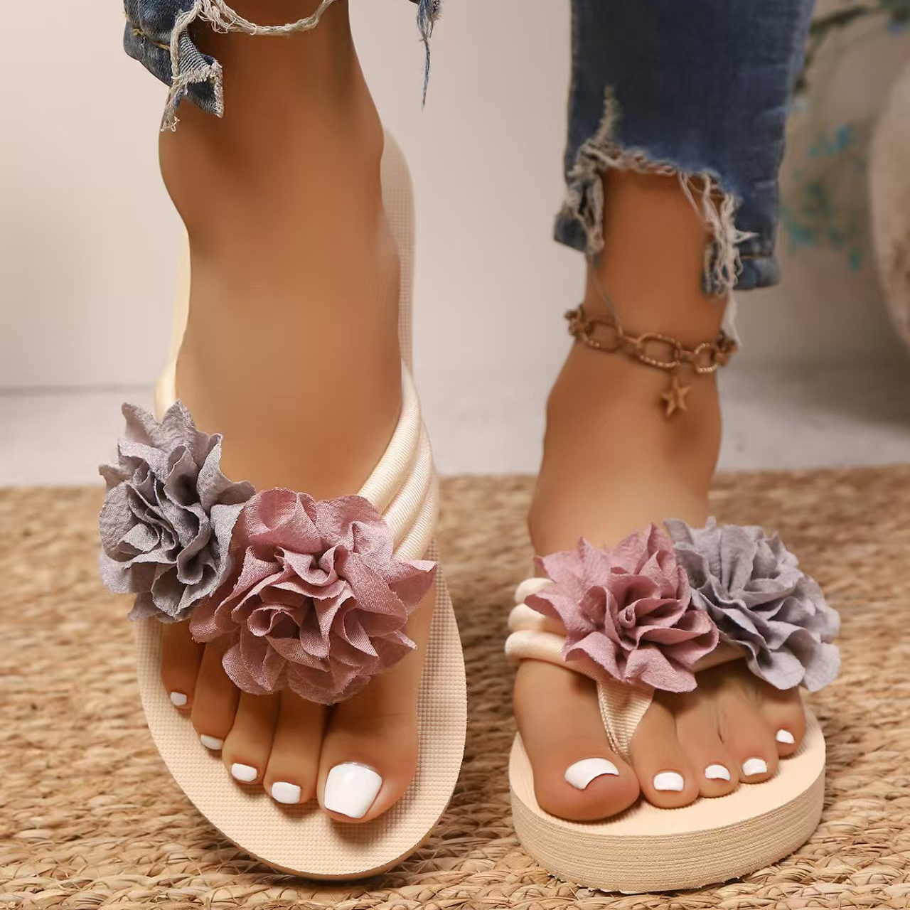 Women Boho  Flower Beach Flip Flop Sandals