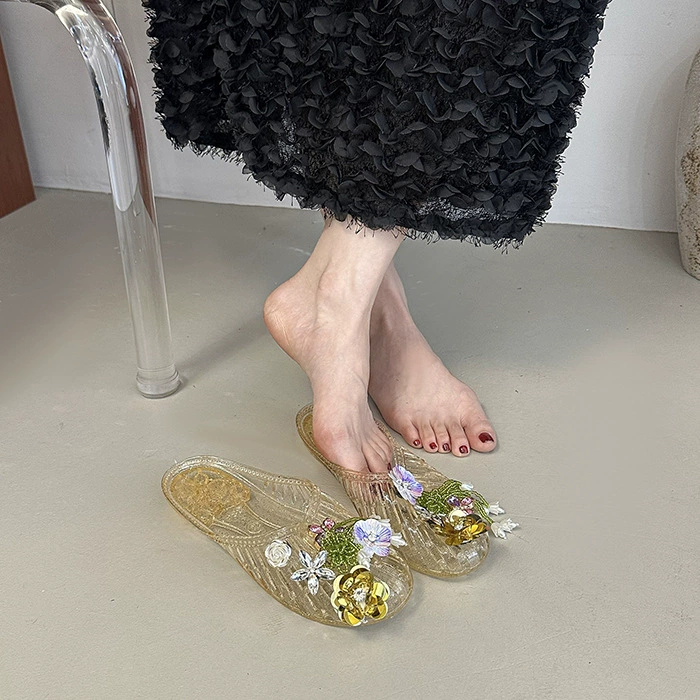 Floral Crystal Embellished Jelly Slide Sandals