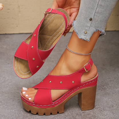 Studded Cross Strap Platform Chunky Heel Sandals