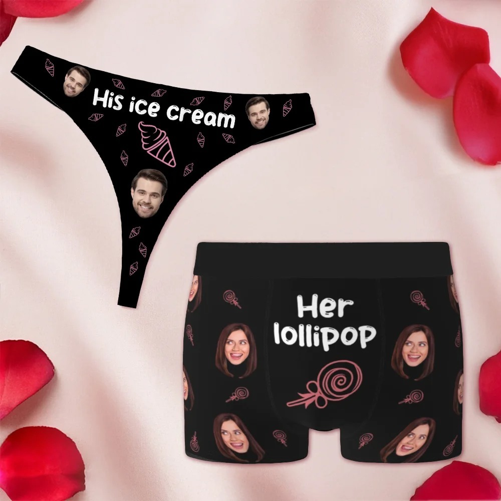 Personalized Ice Cream Lollipop Breathable Couple Thong Brief Boxer Underwear Set with Face Photo Valentine's Day Anniversary Gift for Him Her
