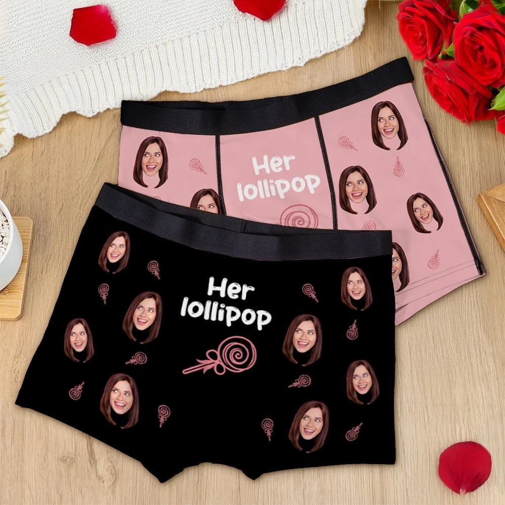 Personalized Ice Cream Lollipop Breathable Couple Thong Brief Boxer Underwear Set with Face Photo Valentine's Day Anniversary Gift for Him Her