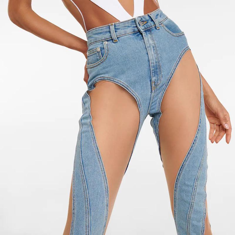 Net sand see-through split elastic slim fit hip-lifting jeans