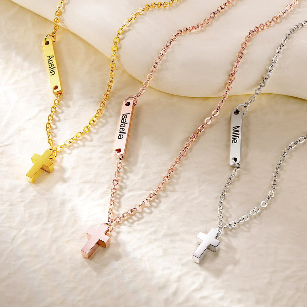 Custom Name Sideways Bar Cross Pendant Necklace, Sterling Silver 925 Tiny Cross Name Necklace, Birthday/Easter/Baptism Gift for Newborns/Godchildren