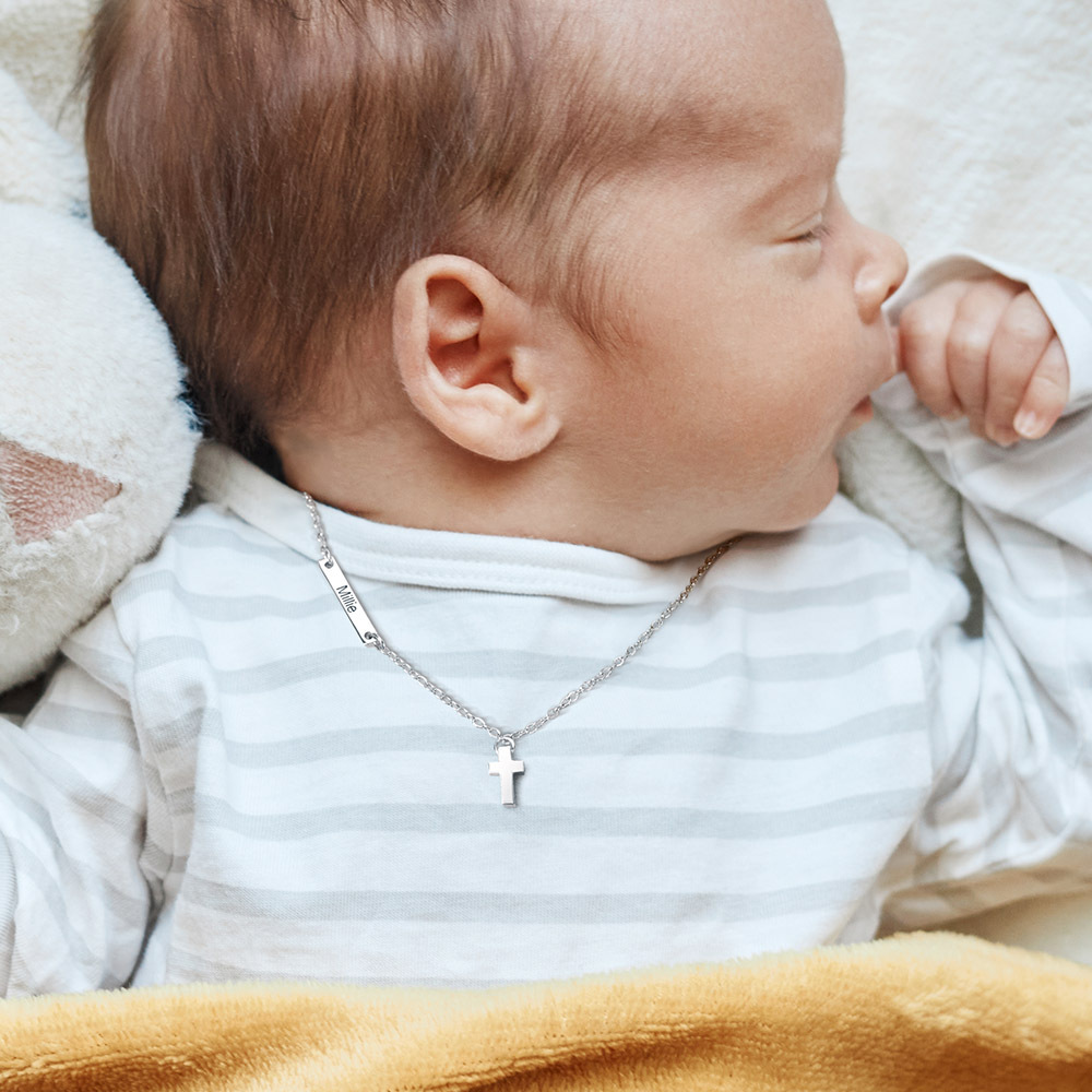Custom Name Sideways Bar Cross Pendant Necklace, Sterling Silver 925 Tiny Cross Name Necklace, Birthday/Easter/Baptism Gift for Newborns/Godchildren