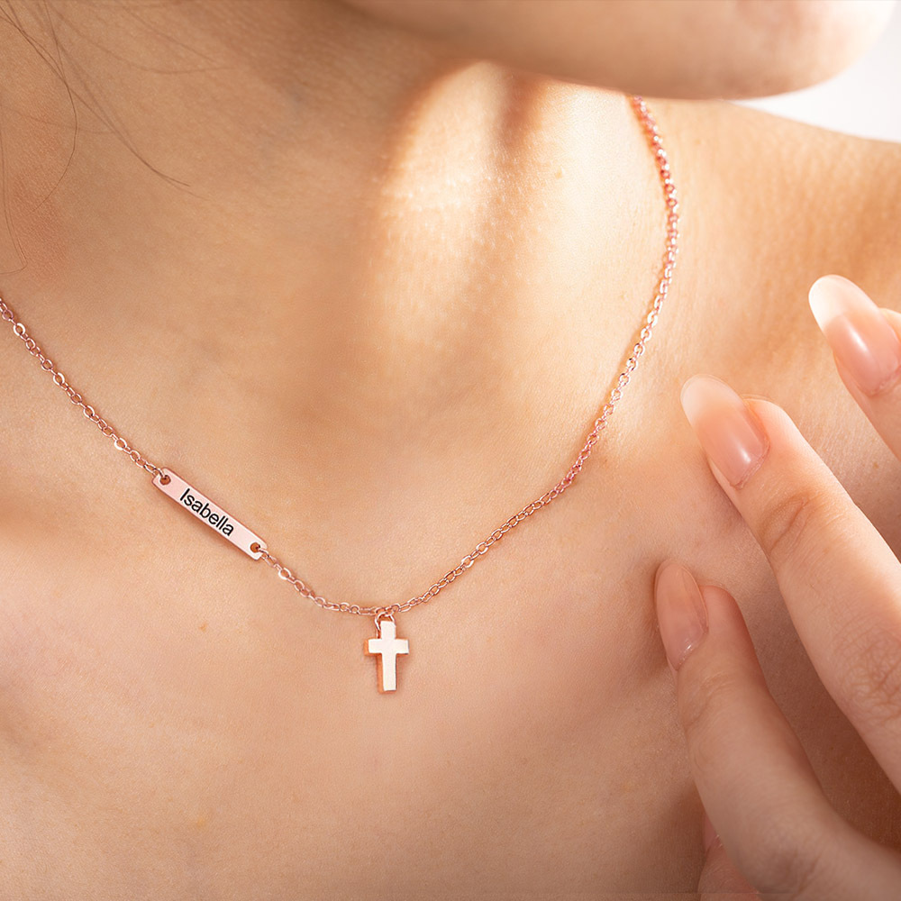 Custom Name Sideways Bar Cross Pendant Necklace, Sterling Silver 925 Tiny Cross Name Necklace, Birthday/Easter/Baptism Gift for Newborns/Godchildren