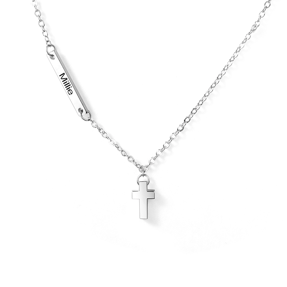 Custom Name Sideways Bar Cross Pendant Necklace, Sterling Silver 925 T