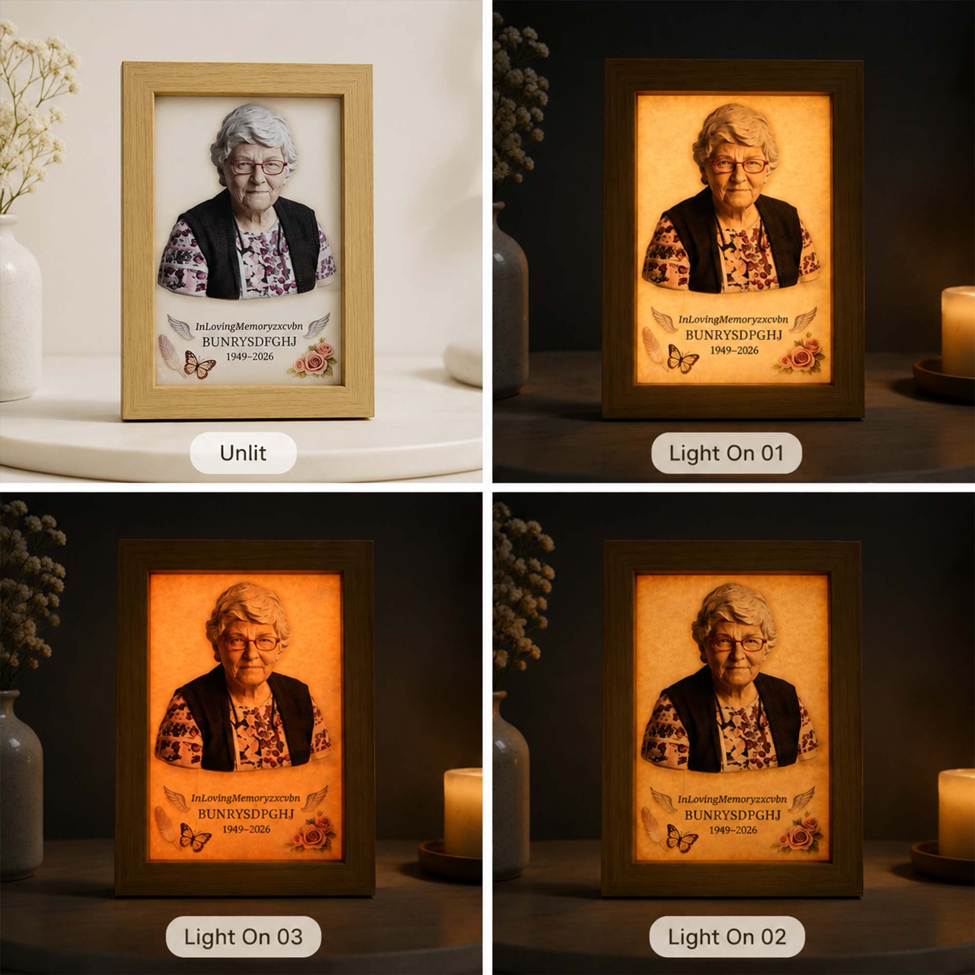 Personalized 2D Photo Memorial Wooden Frame with Light, Flat Printed Photo Frame, Memorial Decor, Memorial Gift, Mother's Day Gift