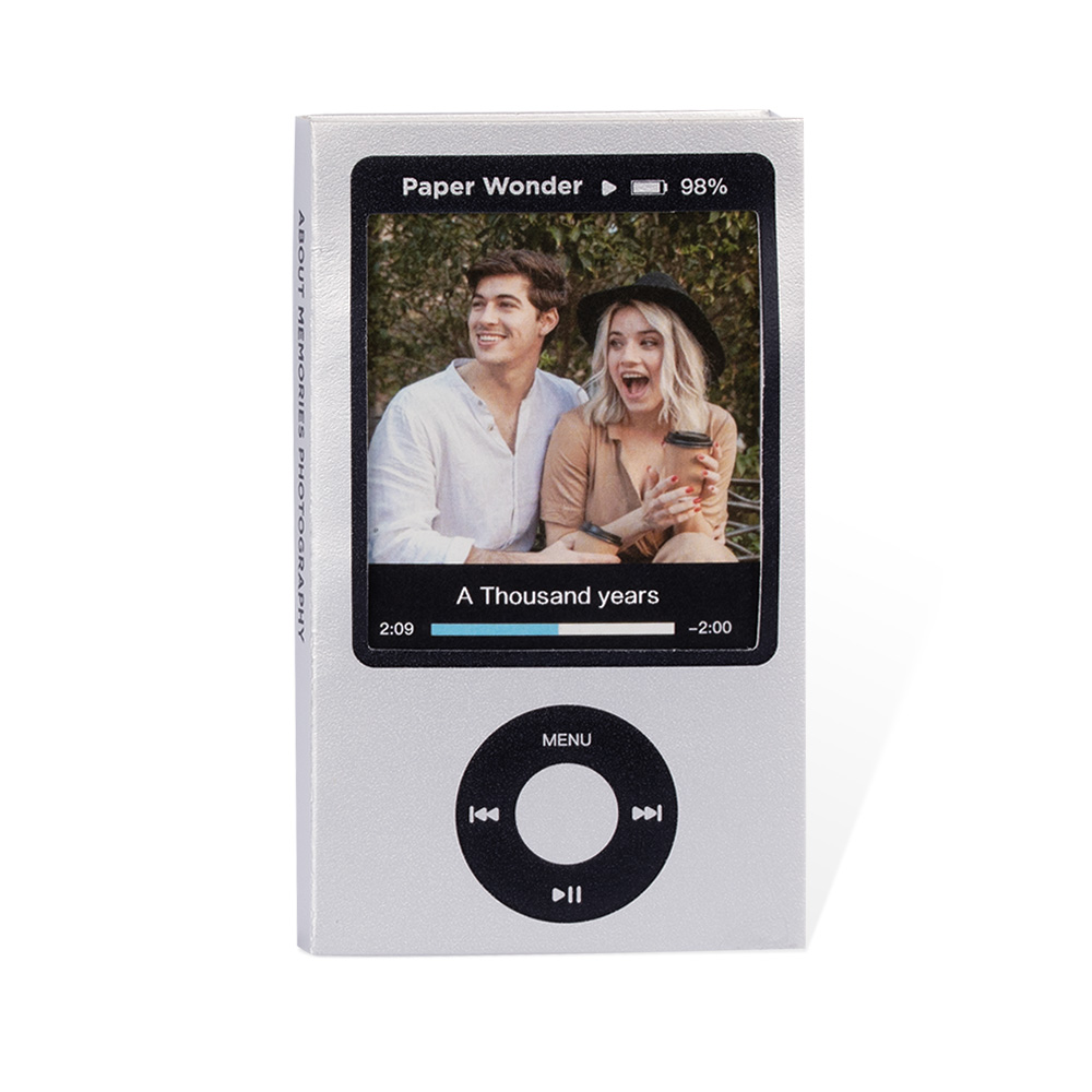 Personalized Mini Photo Album – iPod Music Player Style Pocket Book, 16 Custom Photos, Gift for Him, Her, or Couples