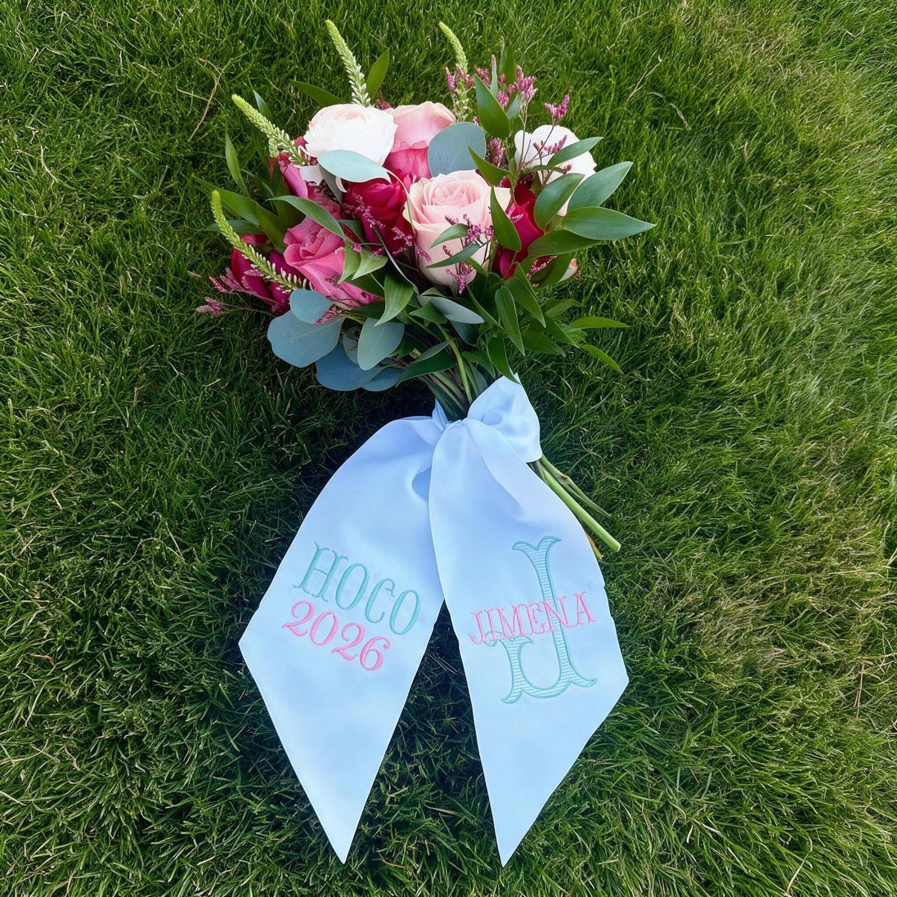 Personalized Embroidered Satin Homecoming Bouquet Sash with Custom Year and Text, HOCO Dance Keepsake