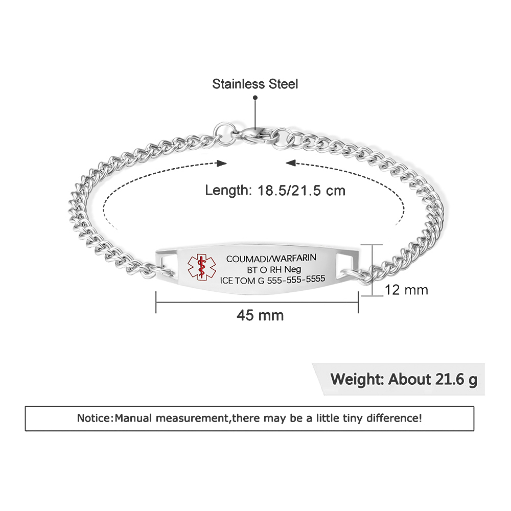 Custom Medical Bracelet, Waterproof Sport Alert ID Bracelet, Stainless Steel ID Tag Bracelet, Emergency Survival Wristband for Men/Women