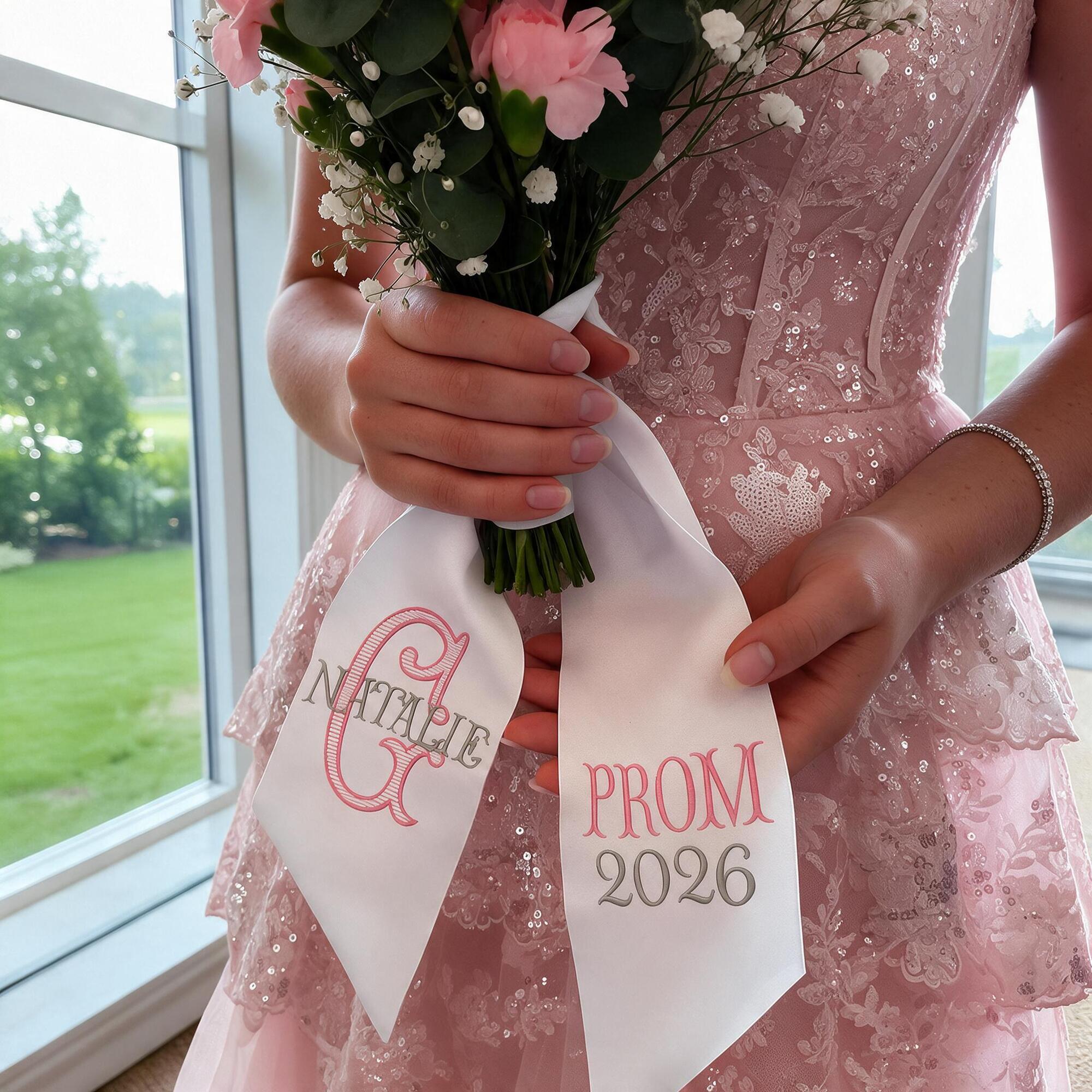 Personalized Embroidered Satin Homecoming Bouquet Sash with Custom Year and Text, HOCO Dance Keepsake