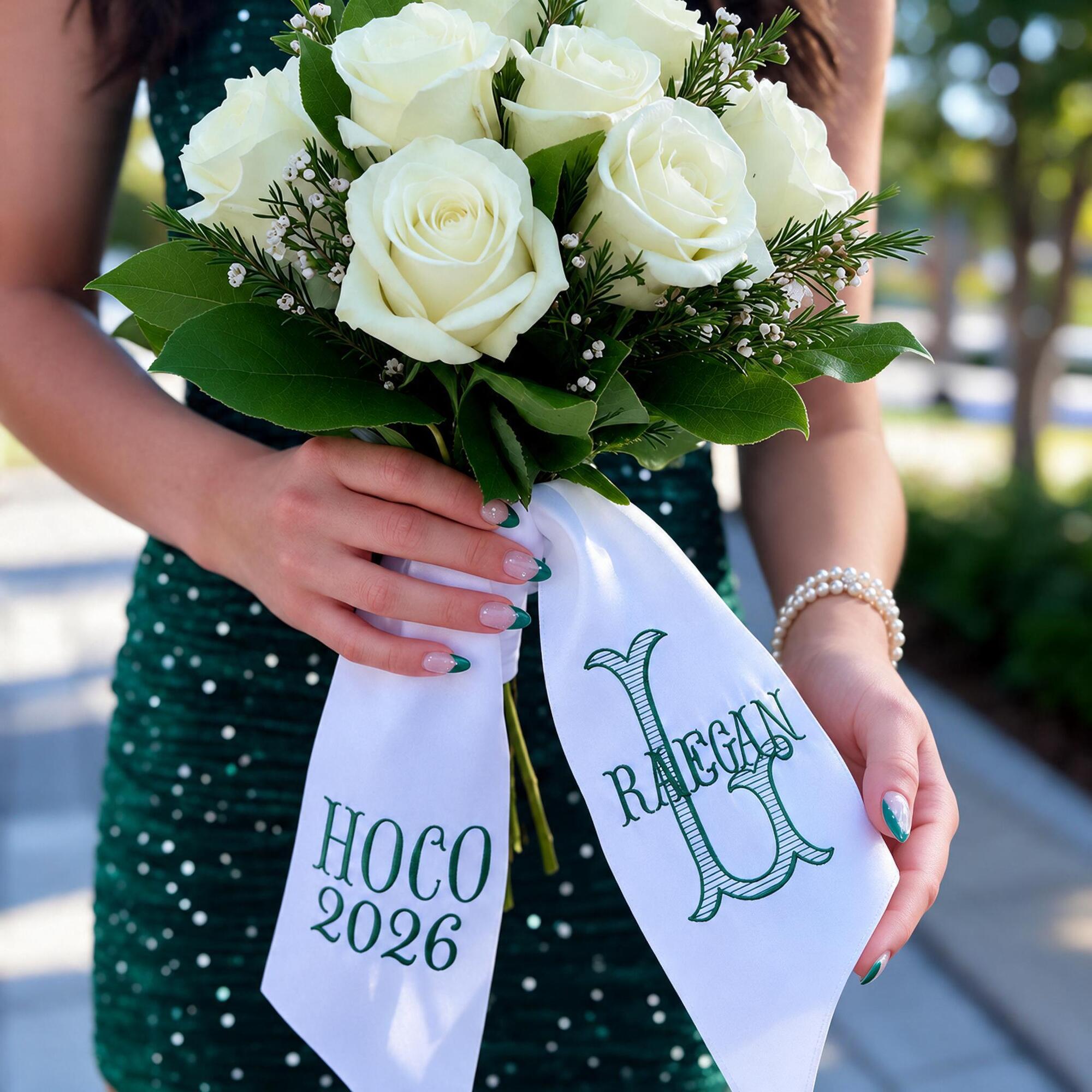 Personalized Embroidered Satin Homecoming Bouquet Sash with Custom Year and Text, HOCO Dance Keepsake