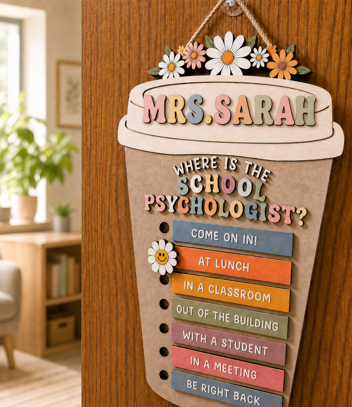 Personalized Wooden School Psychologist Door Sign with Name and Status Bars Office Decor Gift for Educators