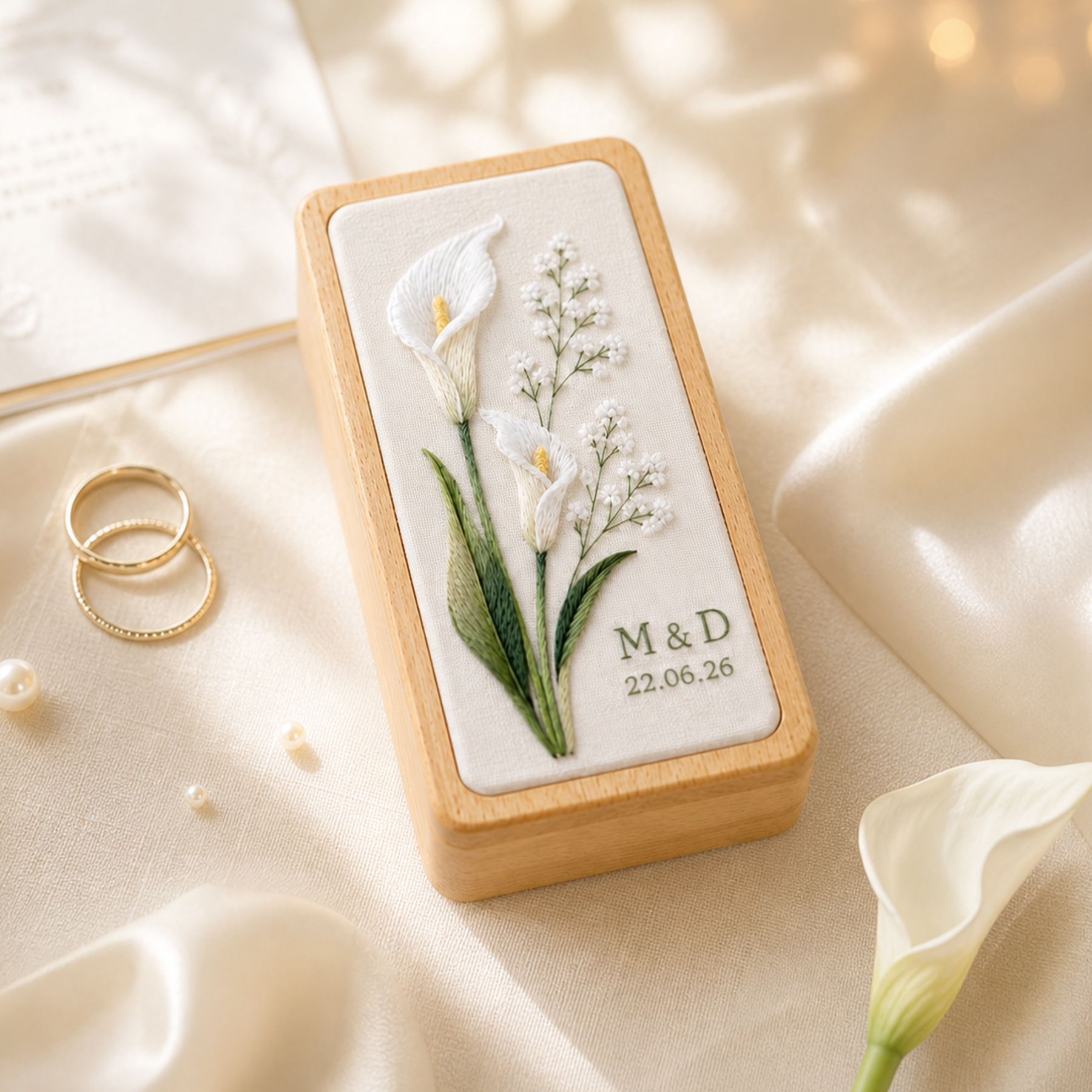 Personalized Calla Lily Linen Jewelry Box with Initials and Date Wedding Ring Keepsake Gift for Bride