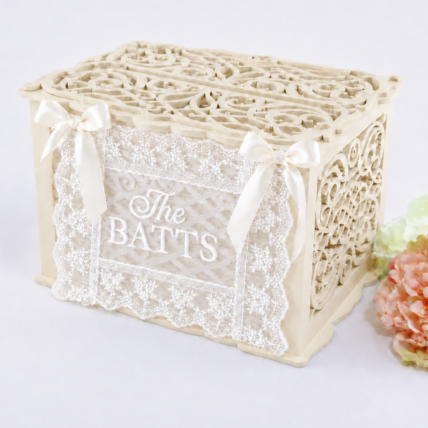 Personalized Embroidered Lace Wedding Box Sign with Family Name Reception Keepsake Gift for Couples