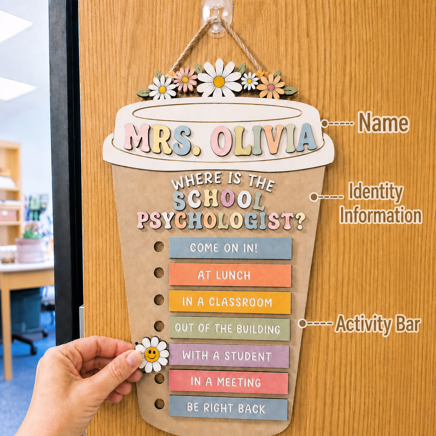 Personalized Wooden School Psychologist Door Sign with Name and Status Bars Office Decor Gift for Educators