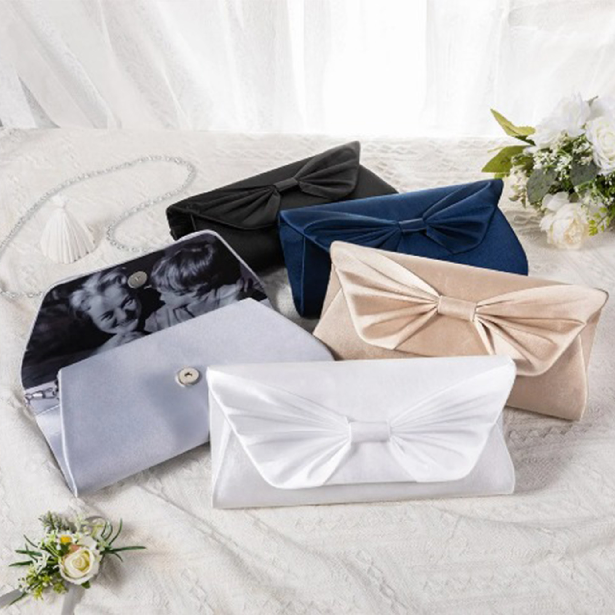 Personalized Photo Silk Bow Clutch Purse Handbag, Elegant Purse, Wedding Keepsake, Wedding Gift