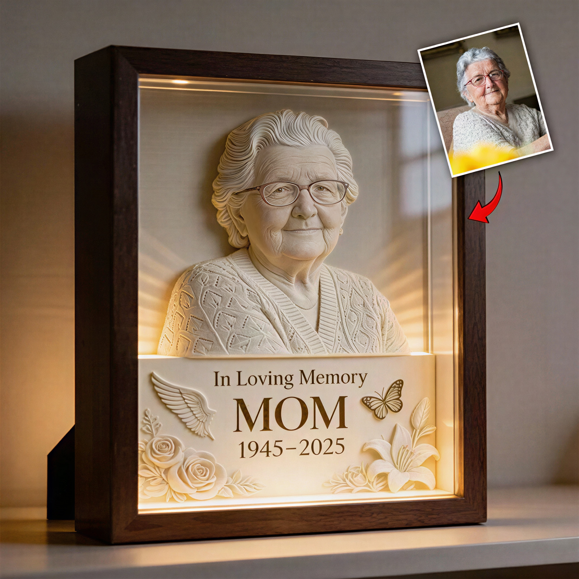 Personalized 2D Photo Memorial Wooden Frame with Light, Flat Printed Photo Frame, Memorial Decor, Memorial Gift, Mother's Day Gift