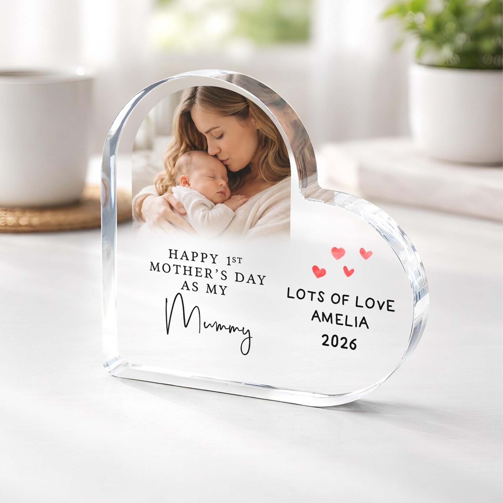 Custom First Mother's Day Heart Shape Photo Frame, Table Decor, Home Decor, Gift for Mother, First Mother's Day Gift