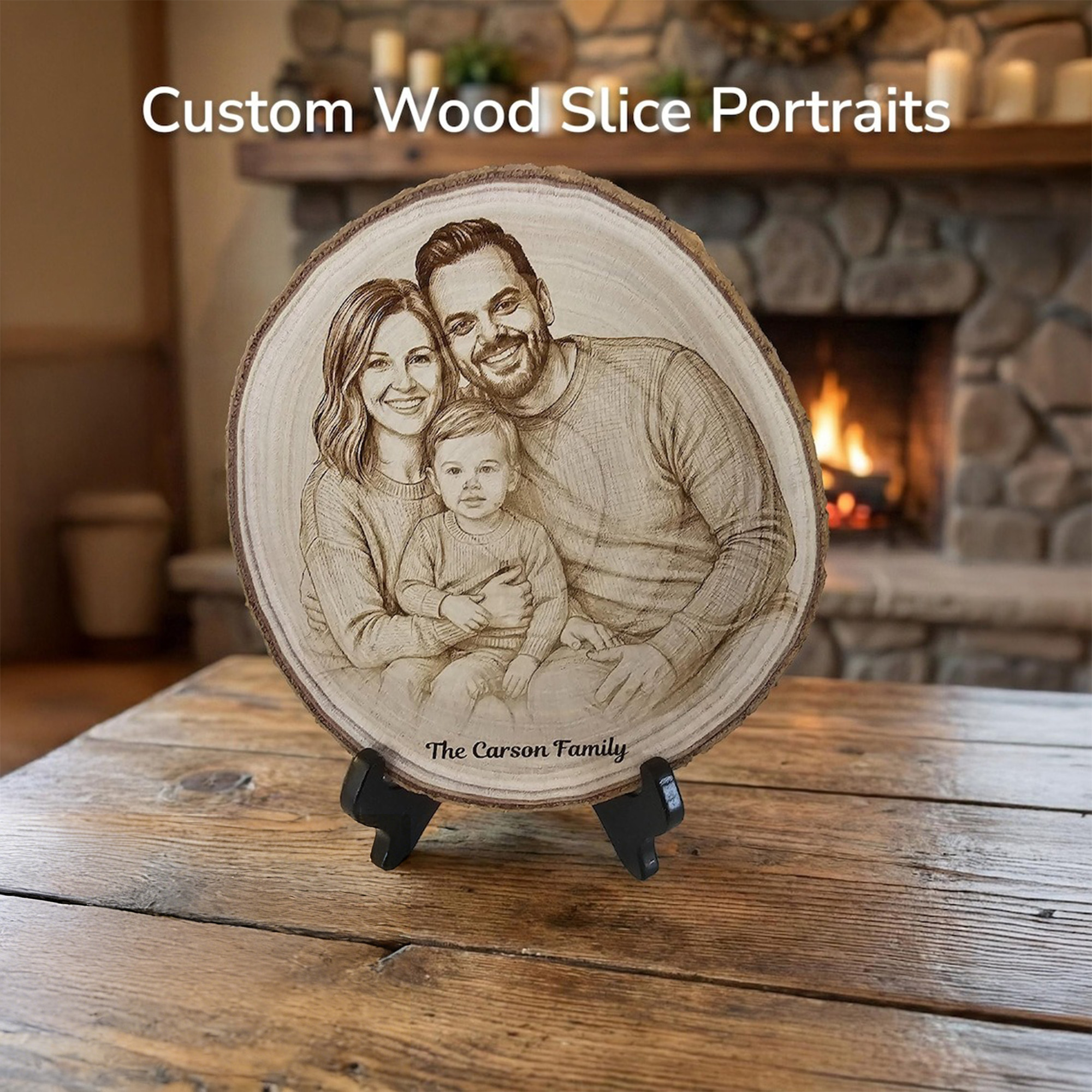 Personalized Family Photo Portrait Engraved Wood Slice Display, Wood Slice Keepsake, Memorial Keepsake, Home Decor
