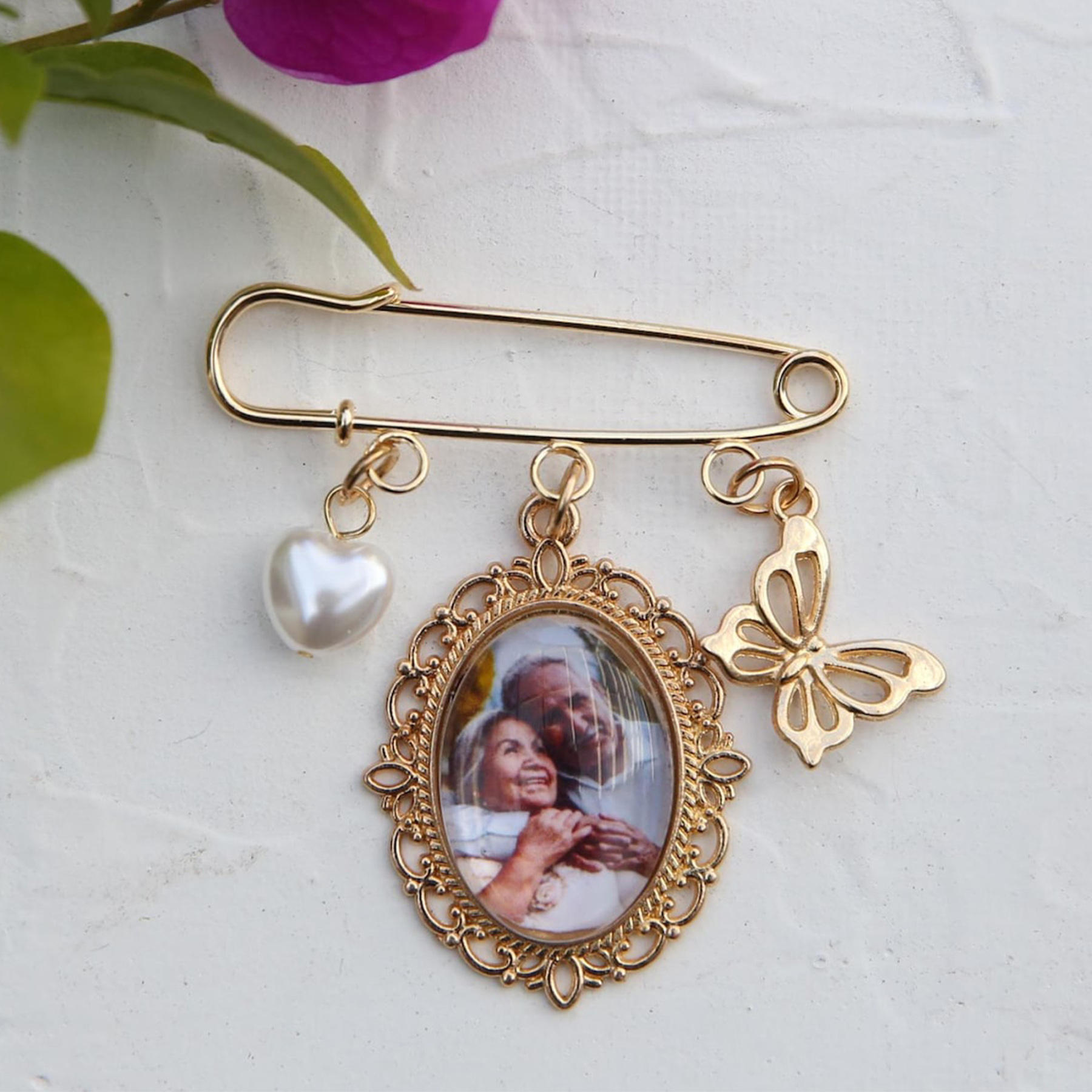 Personalized Photo Bouquet Brooch, Custom Photo Lapel Pin, Anniversary/Wedding Gift