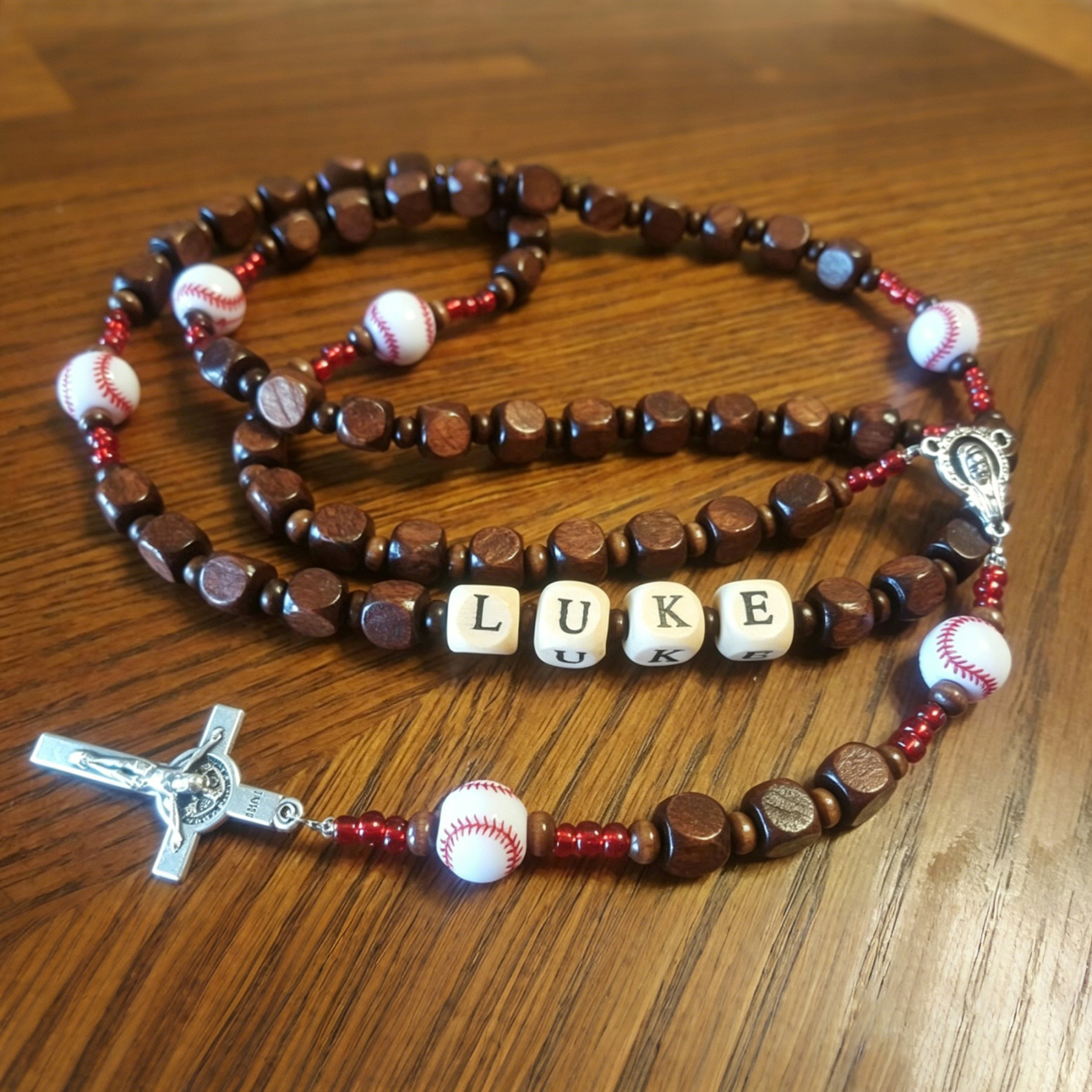 Personalized Wooden Rosary with Name Beads, Sport Ball Accents & Crucifix, Catholic Gift for Communion & Confirmation