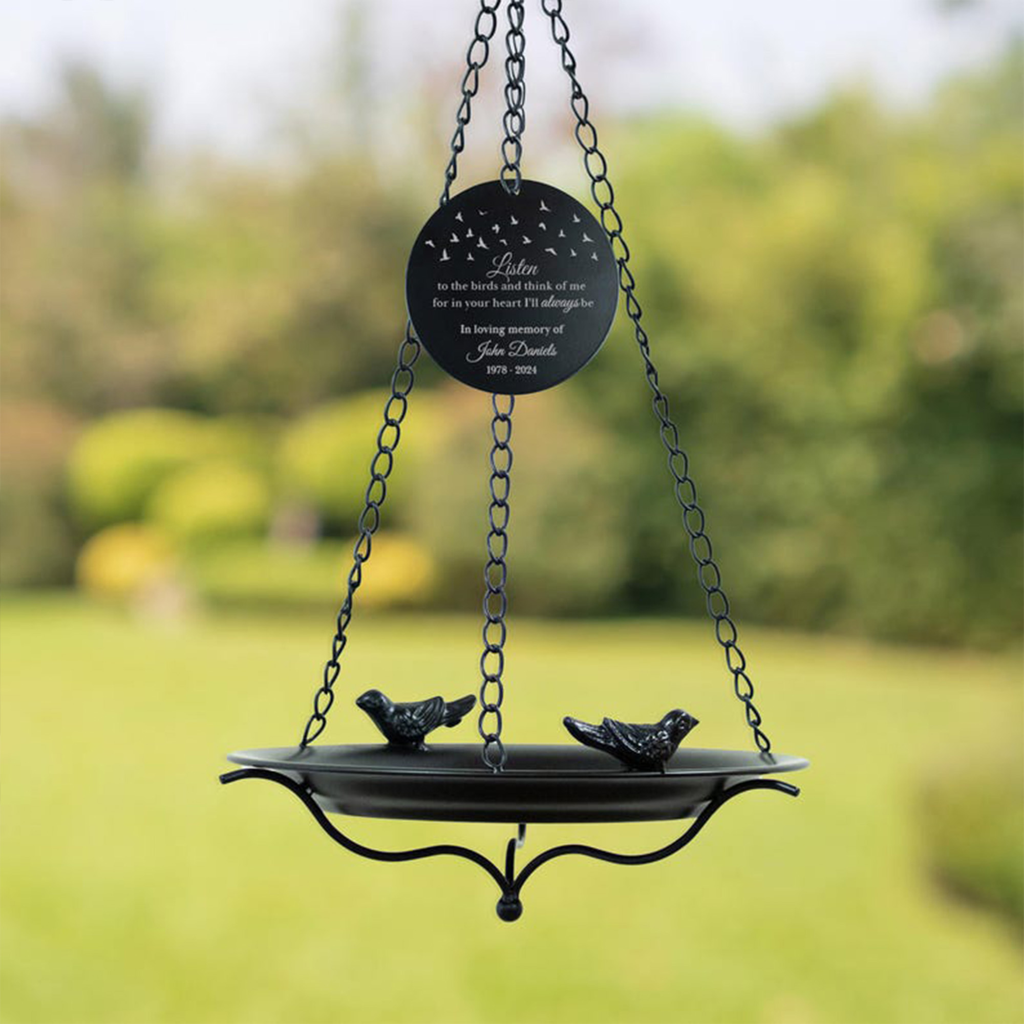 Engraved Sympathy Garden Remembrance Gift with Name & Years, Personalized Memorial Bird Bath, Hanging Metal Bowl
