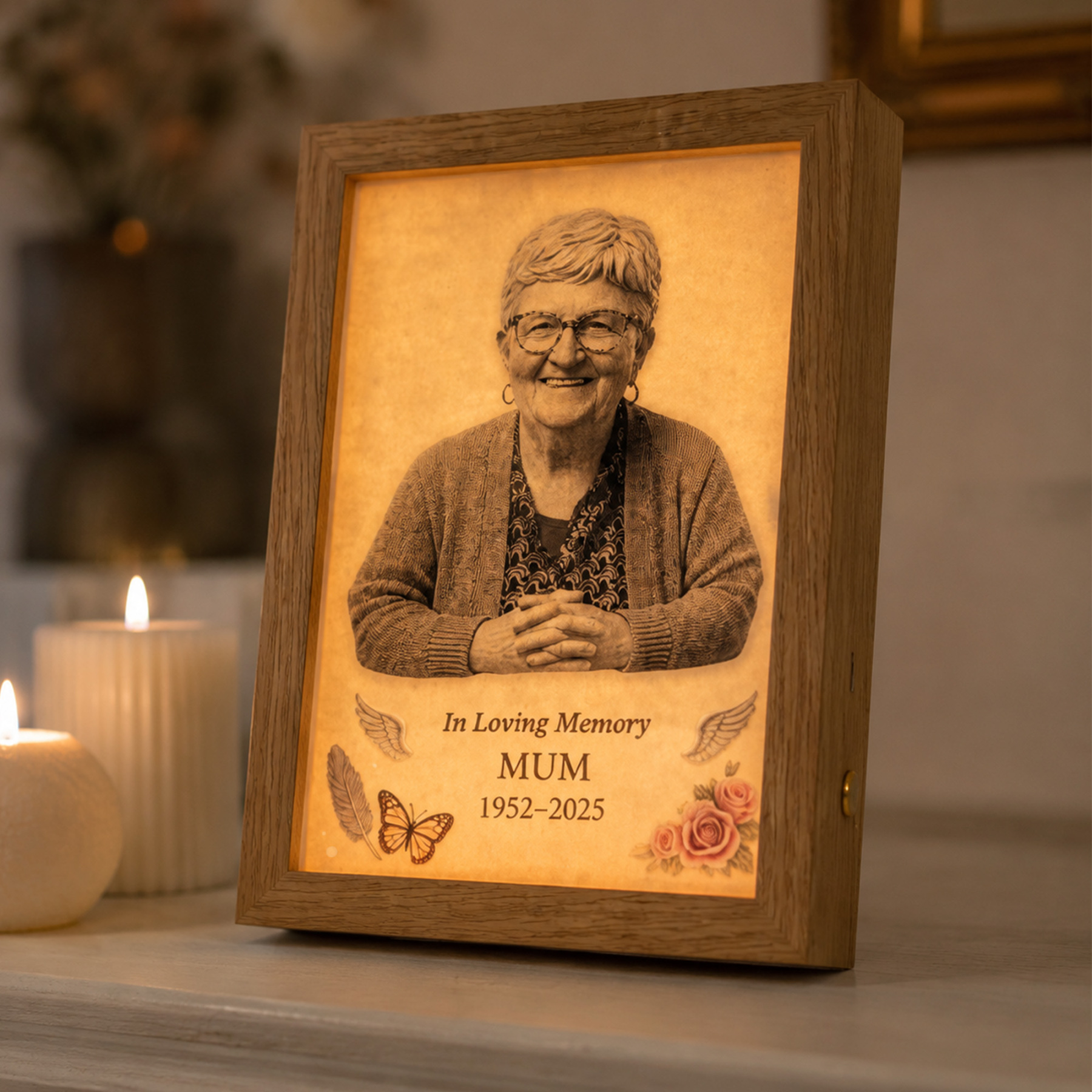 Personalized 2D Photo Memorial Wooden Frame with Light, Flat Printed Photo Frame, Memorial Decor, Memorial Gift, Mother's Day Gift
