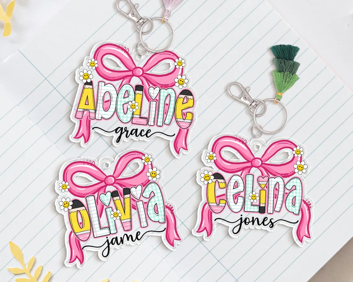 Coquette Girl School Name Tag, Pink Bow Name Keychain for Girl, Back To School Gift for Toddler, Lunch Bag Tag, Backpack Name Tag, Bag Label