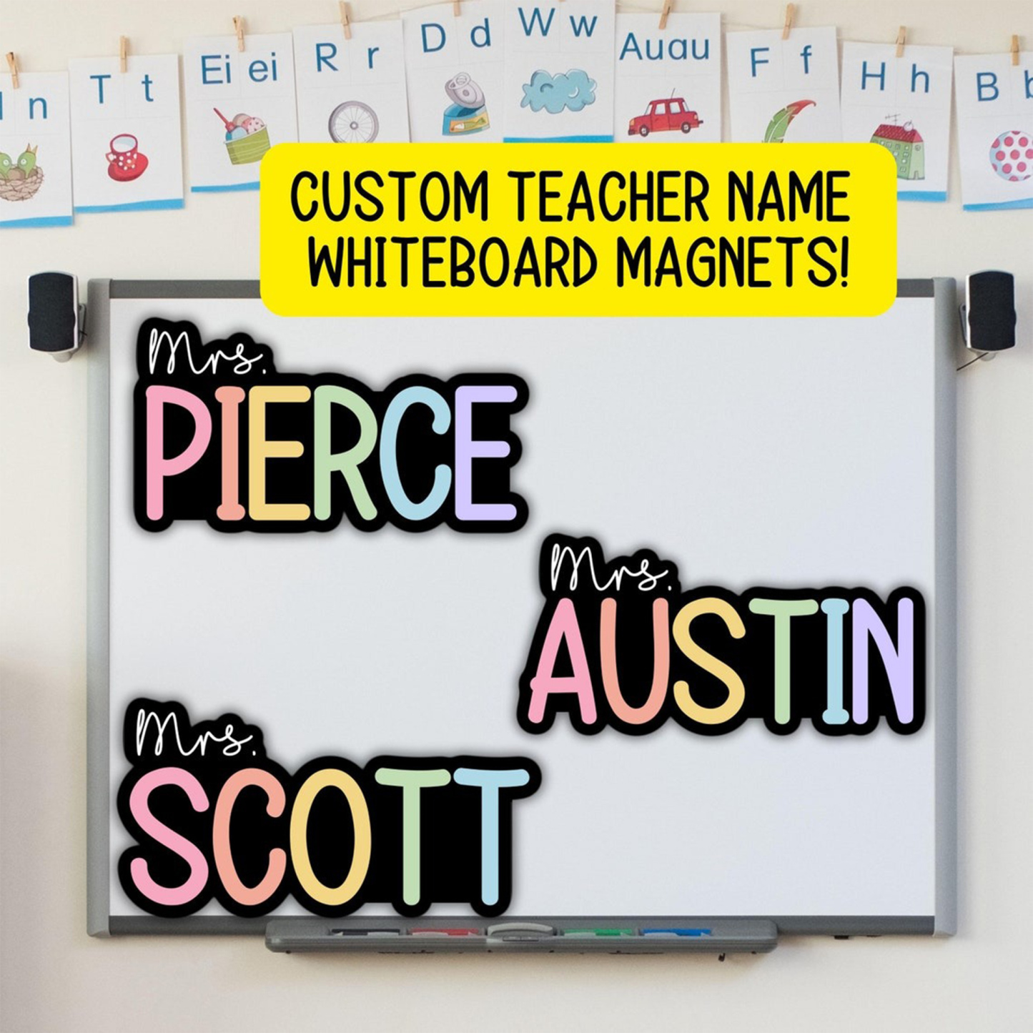 Custom Teacher Magnet, Classroom Magnet Gift, Teacher Name Personalized Whiteboard Custom Teacher Name Magnet, Rainbow Aesthetic Retro Mrs Miss