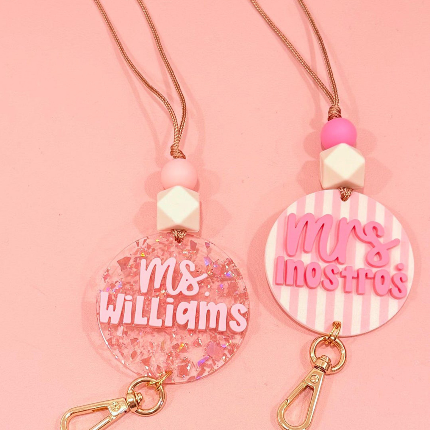 Custom Name ID Badge Holder, Pink Lanyard, Back to School Gift